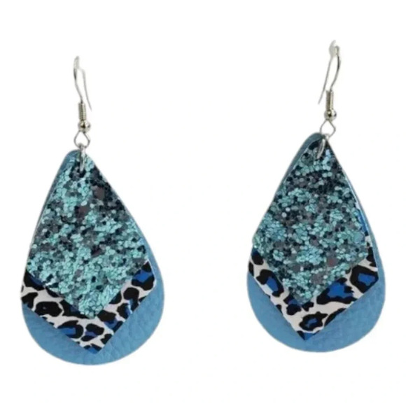 3 Layer Blue Sparkle Animal Faux Leather Dangle Chic Lightweight Earrings  3bl12 - Picture 2 of 6